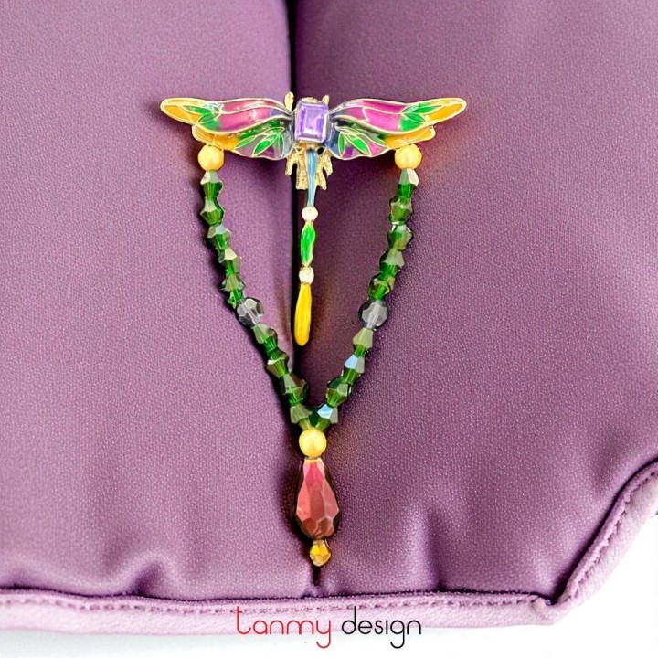 Cài áo hình chuồn chuồn tím, pha lê xanh lá